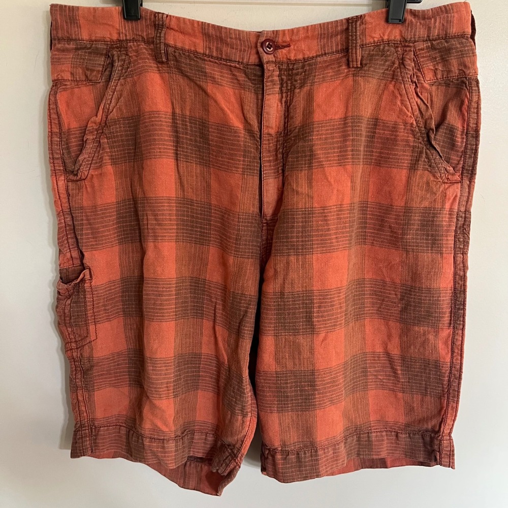 Tommy Bahama Relax Mens 38 Linen Plaid Shorts Orange Brown Tropical Summer 10"‎